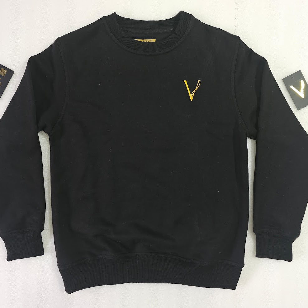 Black sweatshirt with a yellow logo on a white background