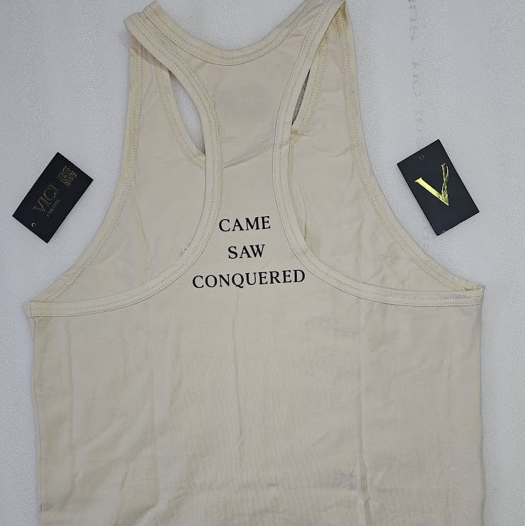 Beige tank top with 'CAME SAW CONQUERED' text on a white background
