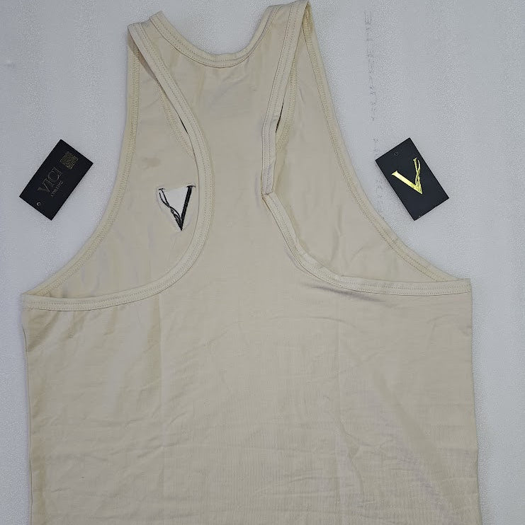 Beige tank top back with brand tags on a white background