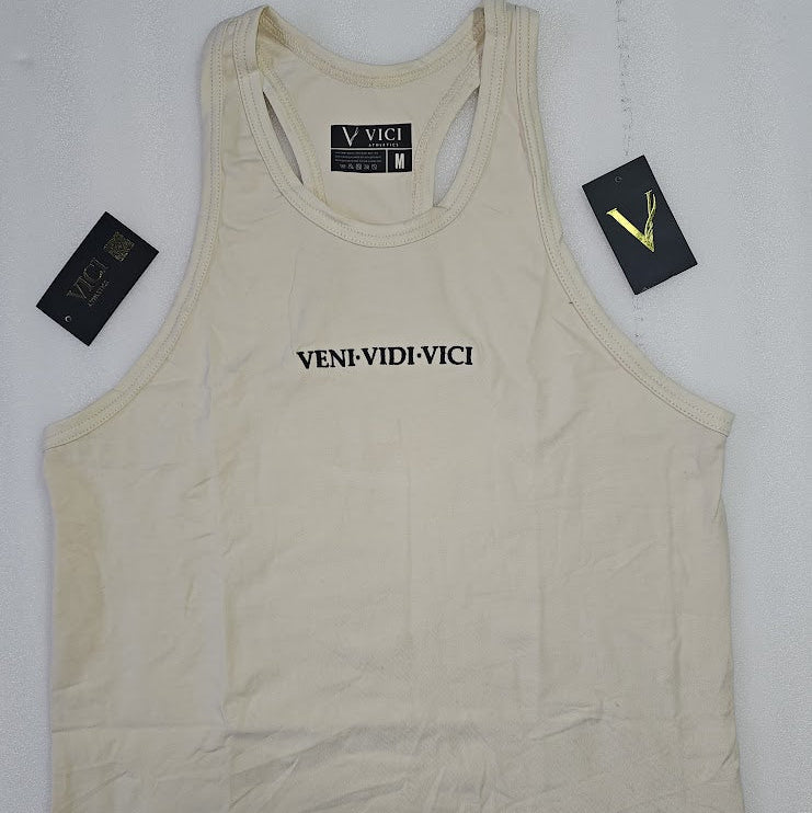 Beige tank top with 'VENI-VIDI-VICI' text and VICI branding on a white background