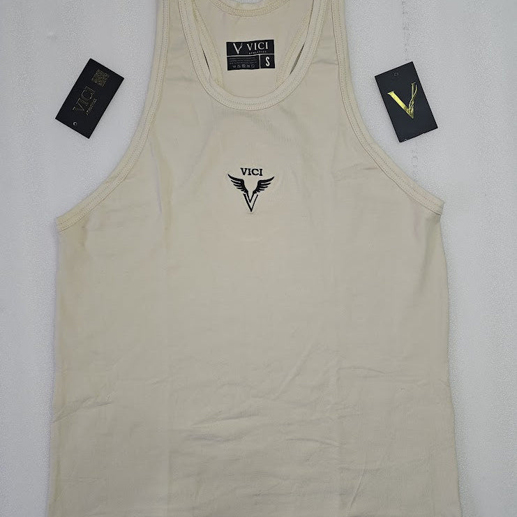 Beige tank top with 'Vici' logo on a white background