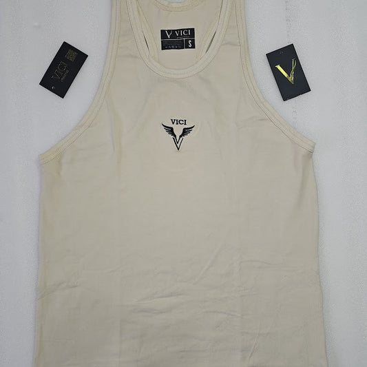Beige tank top with 'Vici' logo on a white background