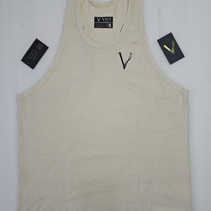 Beige tank top with a brand label on a white background