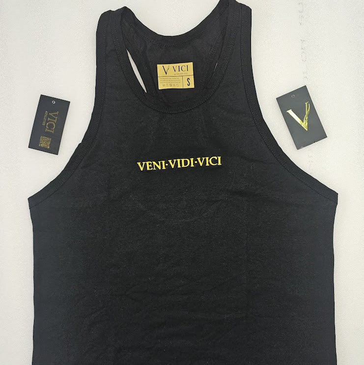 Black tank top with 'VENI VIDI VICI' text on a white background
