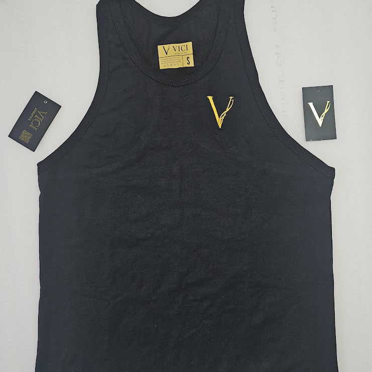 Black tank top with yellow logo and 'Vic' branding on a light gray background