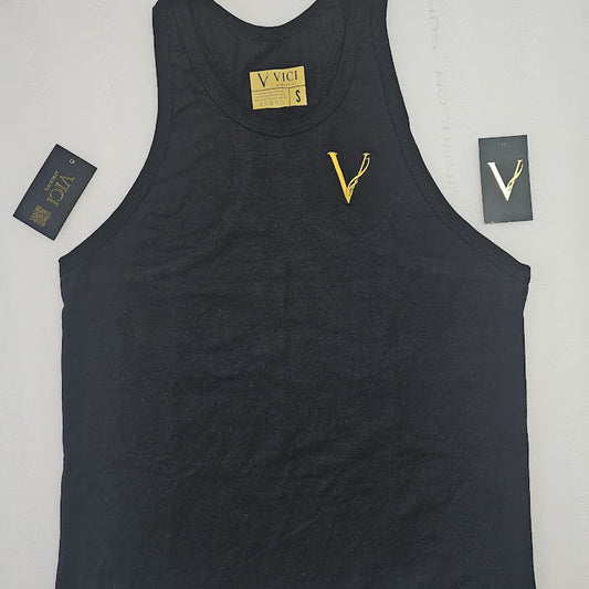 Black tank top with yellow logo and 'Vic' branding on a light gray background