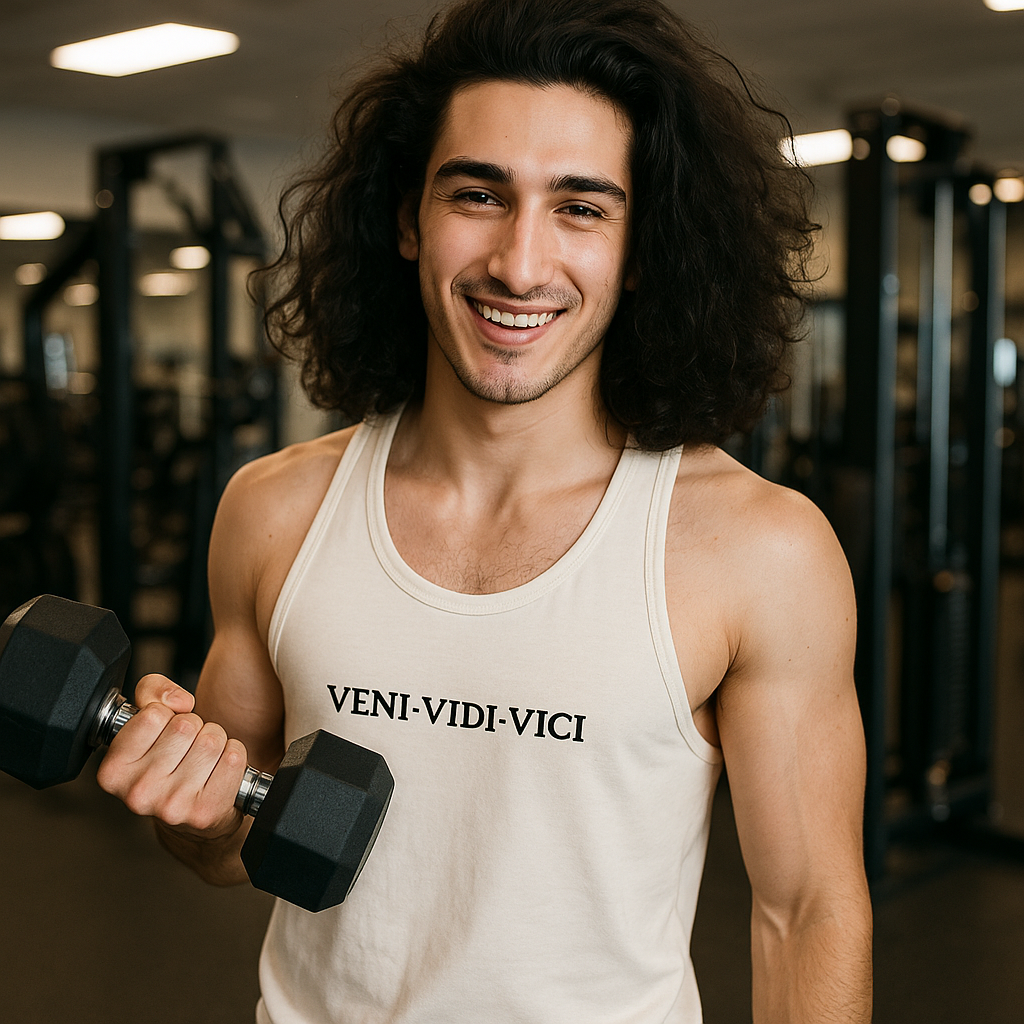 Man holding a dumbbell in a gym wearing a tank top with 'VENI-VIDI-VICI' text.