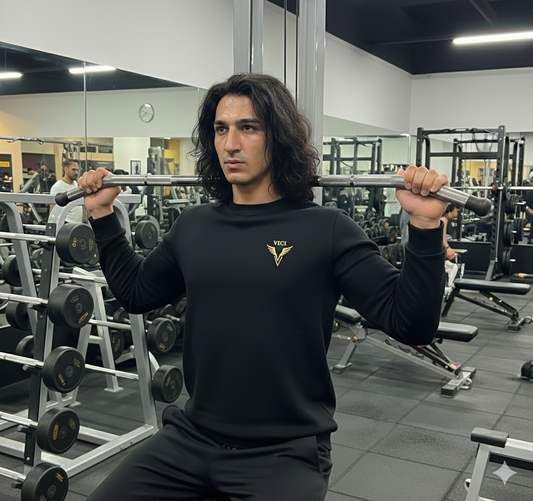 Man exercising with a barbell in a gym setting wearing the Black Vici Sweater