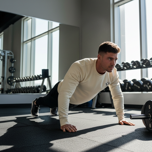 Man performing push-ups with a barbell on a gym floor with a bone Vici Crewneck