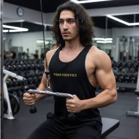 Man in a gym wearing a black tank top with 'Vendi Vidi Vici' text.