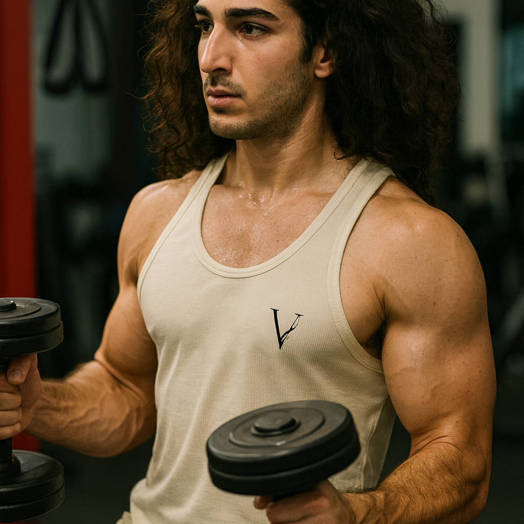 Man lifting dumbbells in a gym setting