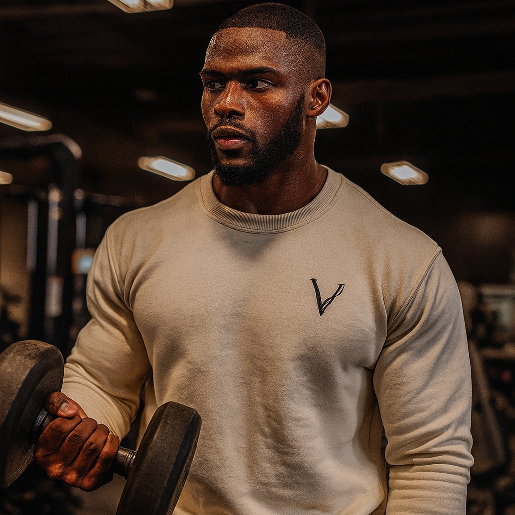Man lifting weights in a gym wearing a beige sweatshirt with a logo.